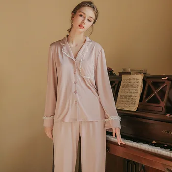 Pijamale Femei de Moda Casual cu Maneci Lungi Set de Pijama INS Doamna Sleepwear Dantela Modal Pijamale pentru Femei