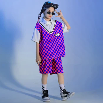 Copii Tineri Hip Hop Haine Mov În Carouri Rever Tricou De Sus Pantaloni Scurți De Vară Streetwear Pentru Fată Băiat De Jazz Dans Costum De Haine