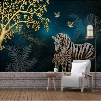 Lumină moderne de Lux, Aur, Avere Copac Mama și Fiul Zebra Albastru Inchis Fundal Murale 3D Tapet gazete de Perete Decor Acasă