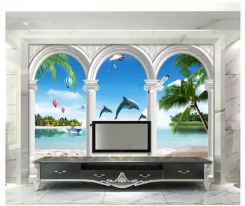 Personalizat tapet 3d pentru pereti 3 d Europene arcuri plaja insula de nucă de cocos copac delfinii fereastra peisaj marin murală de fundal de hârtie de perete